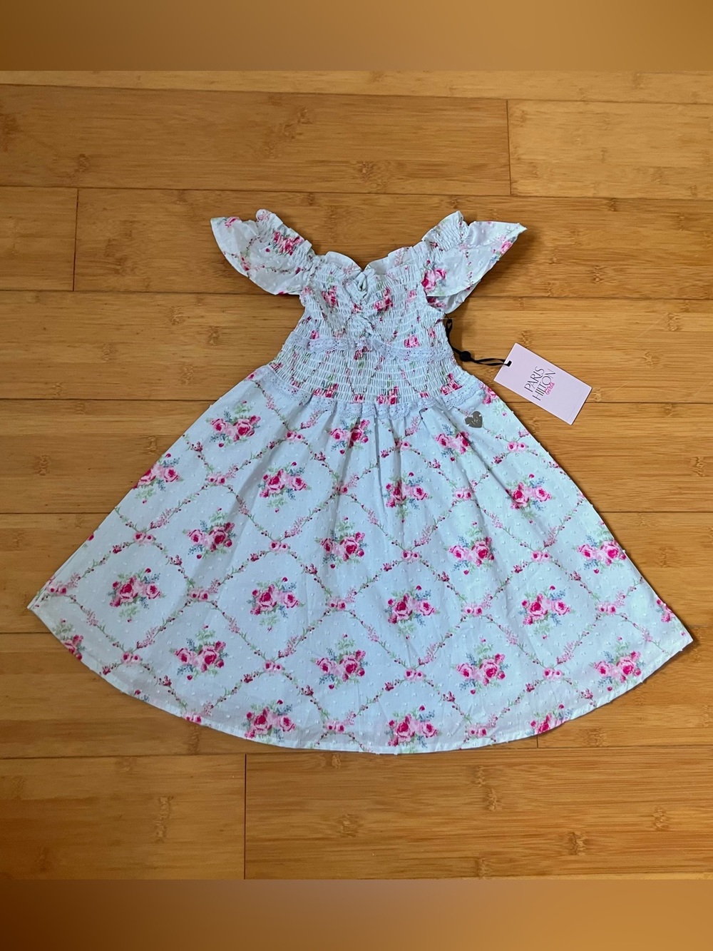 Paris Hilton Light Blue Floral Smocked Dress with Pink Roses